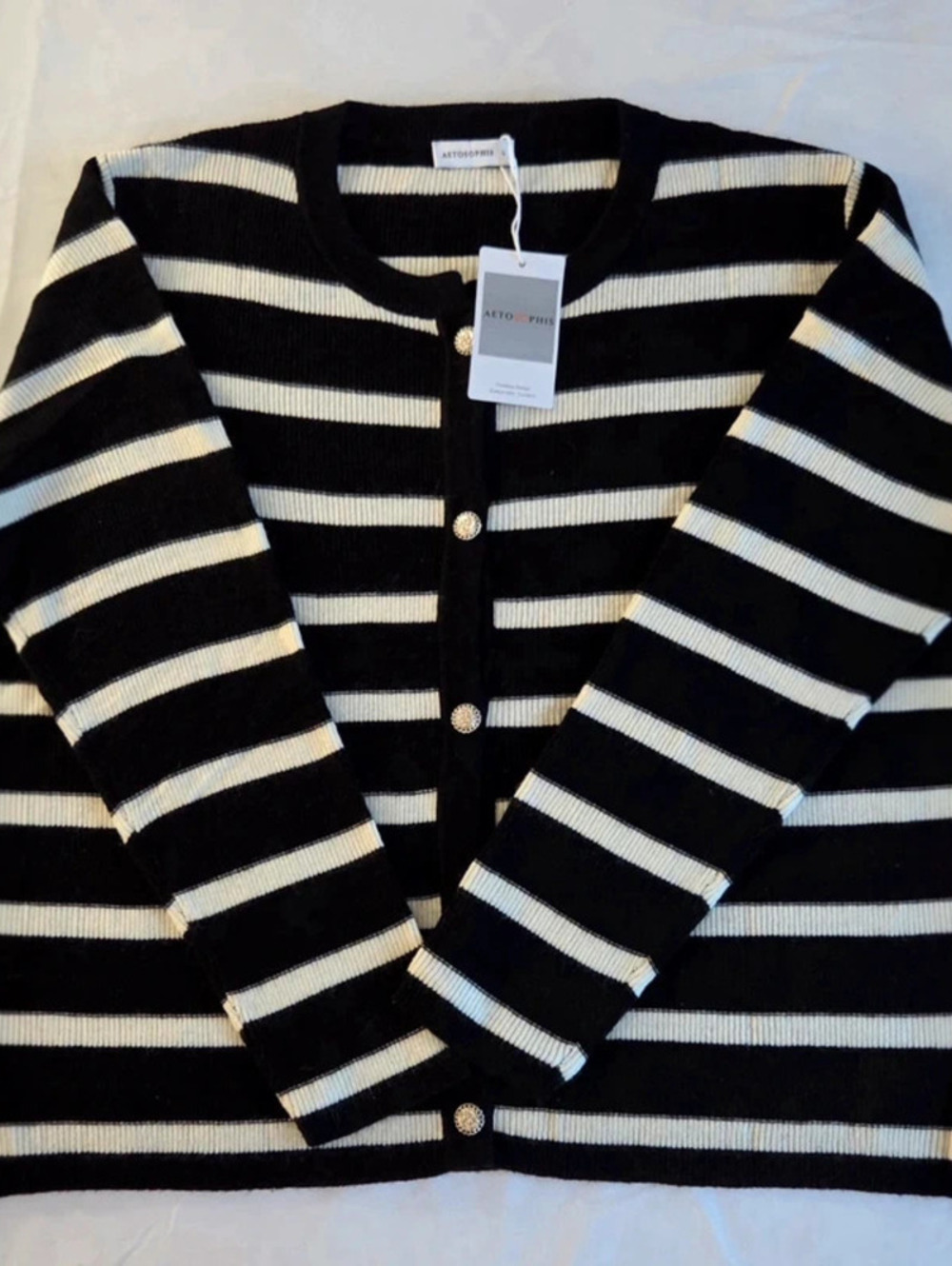 Women's Black and White Striped Button-Up Cardigan - L